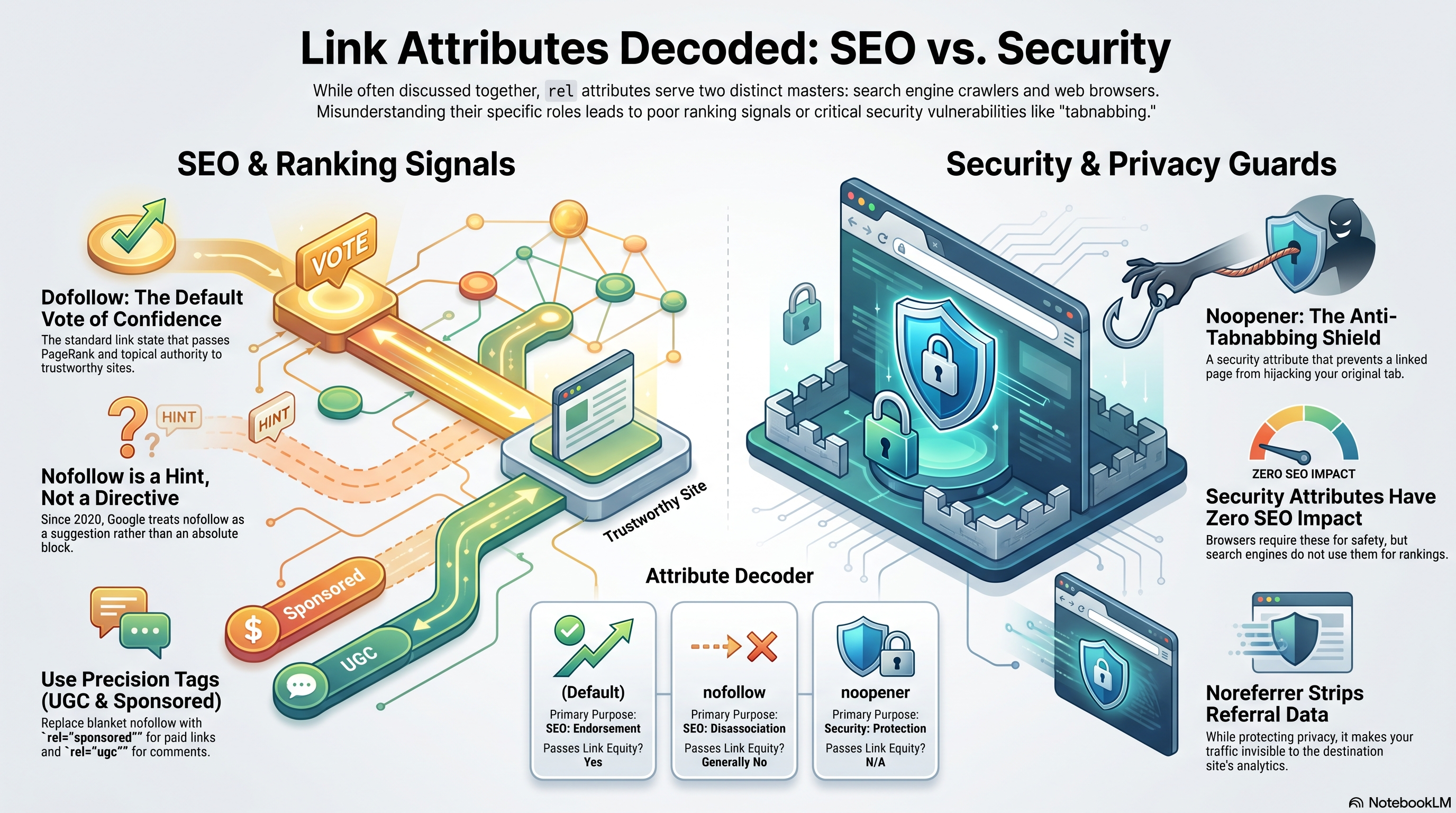 Nofollow vs Dofollow vs Noopener vs Noreferrer Explained for SEO (2026)